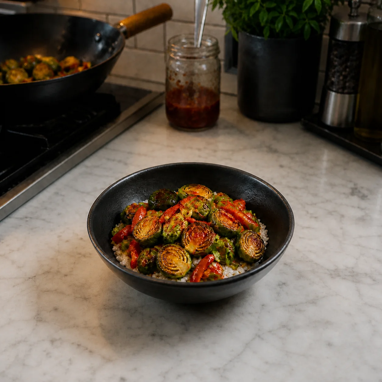 Sticky chilli Brussels sprouts with peppers and rice