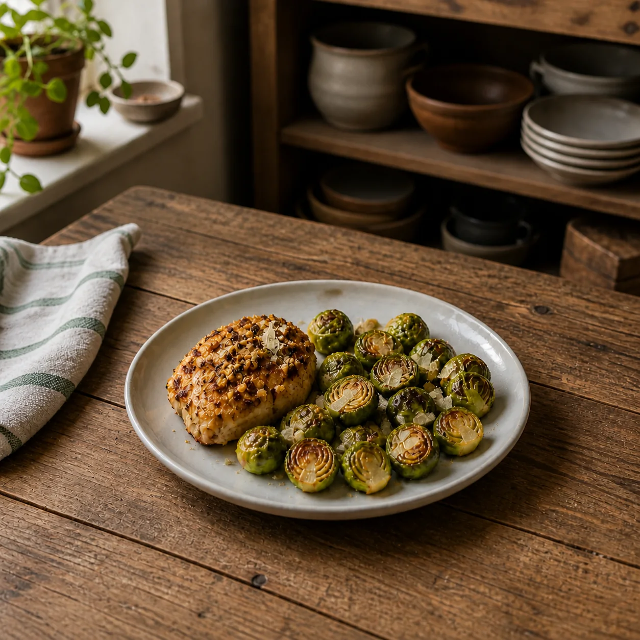 Garlic chicken with roasted Brussels sprouts