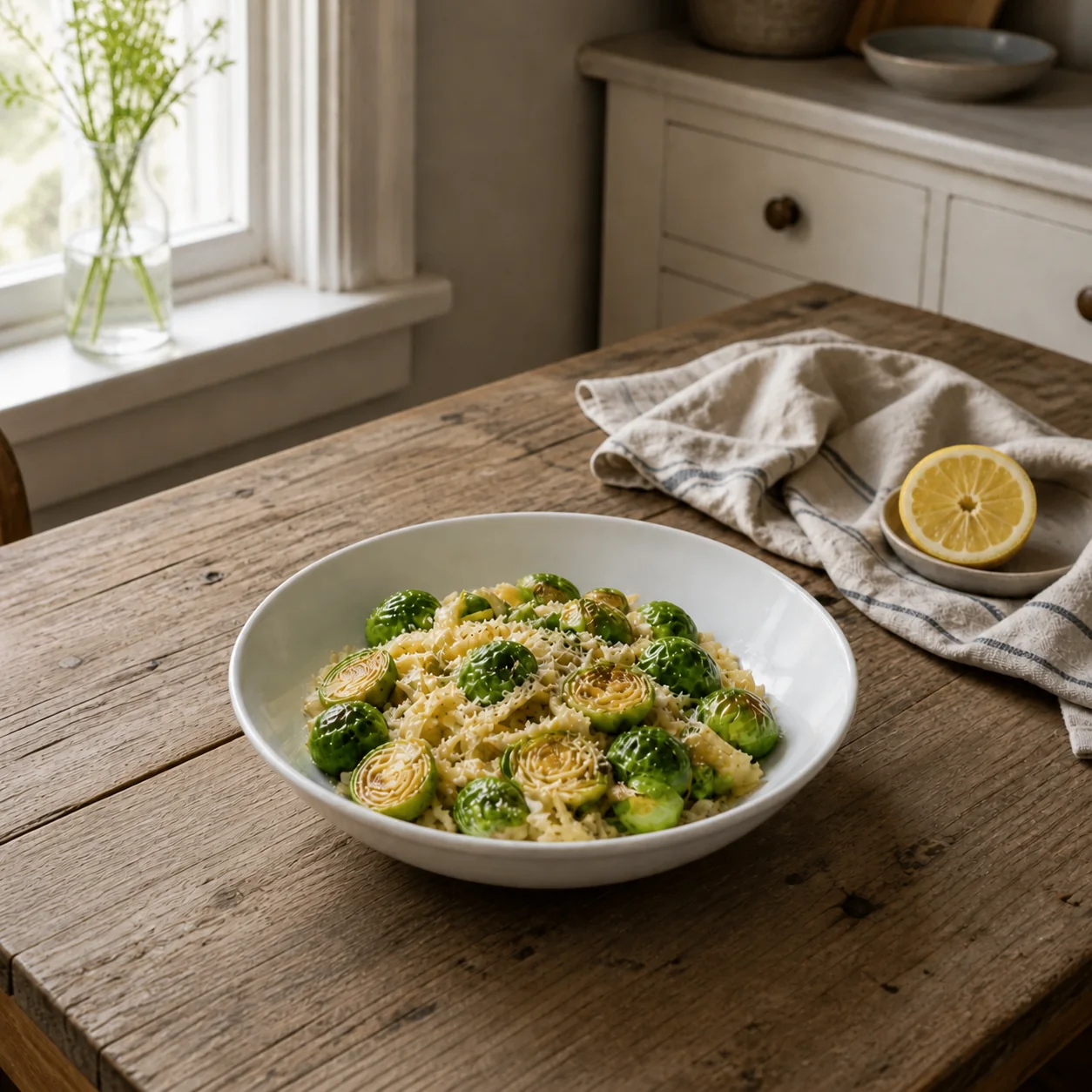 Creamy lemon pasta with golden Brussels sprouts